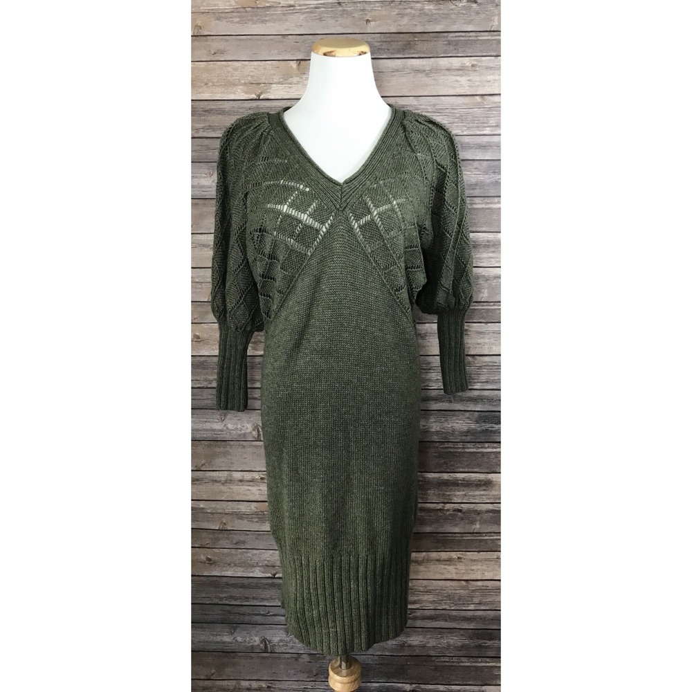 Victoria's Secret Moda Intl Wool Olive Green‎ Puff Sleeve Sweater Dress Sz XS